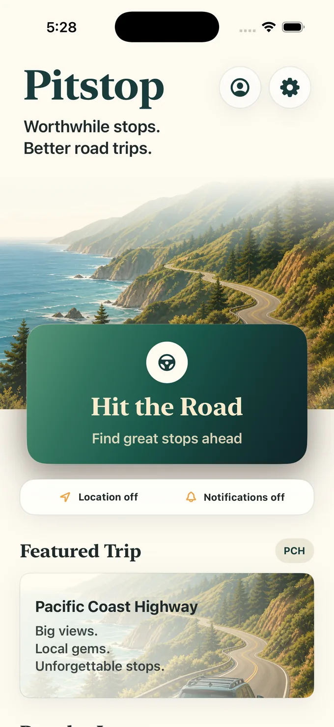 Pitstop home screen with Hit the Road and a Pacific Coast Highway featured trip