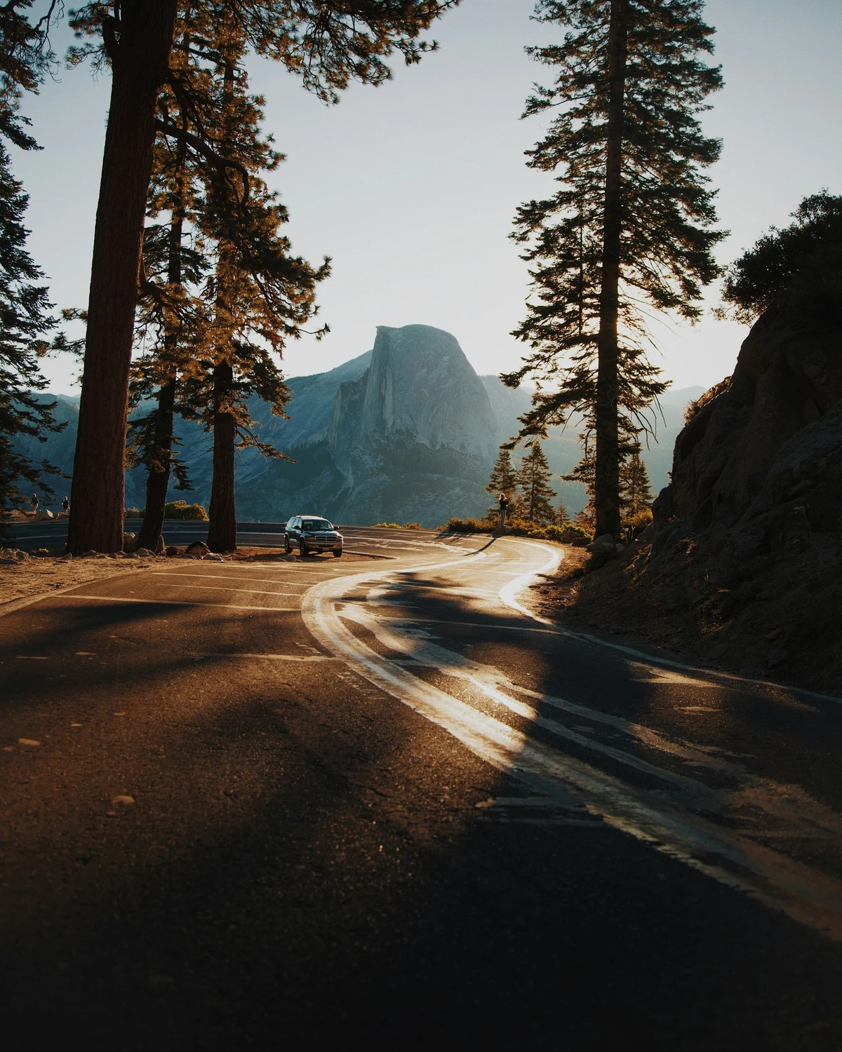A car rounding a forested California road at golden hour